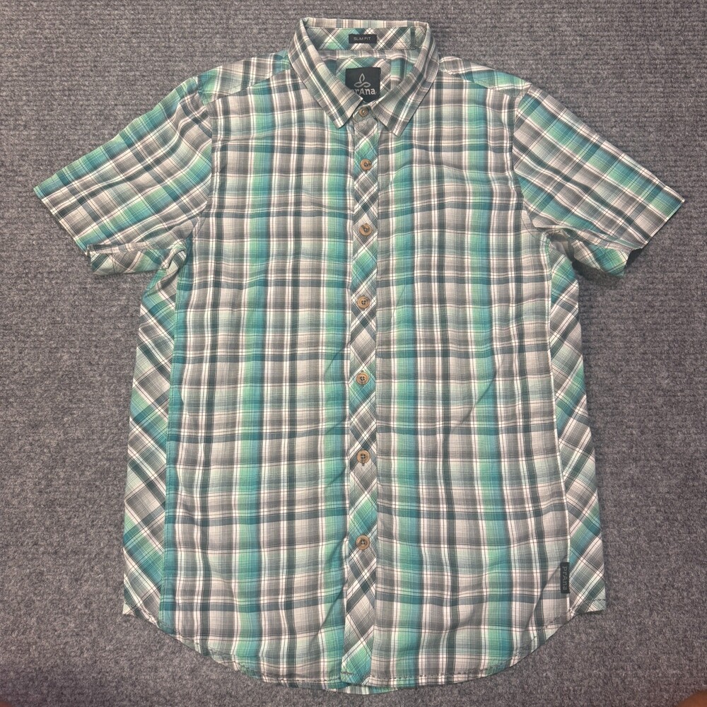 PrAna Shirt Mens Medium Green Plaid Short Sleeve Button Up Slim Fit Casual